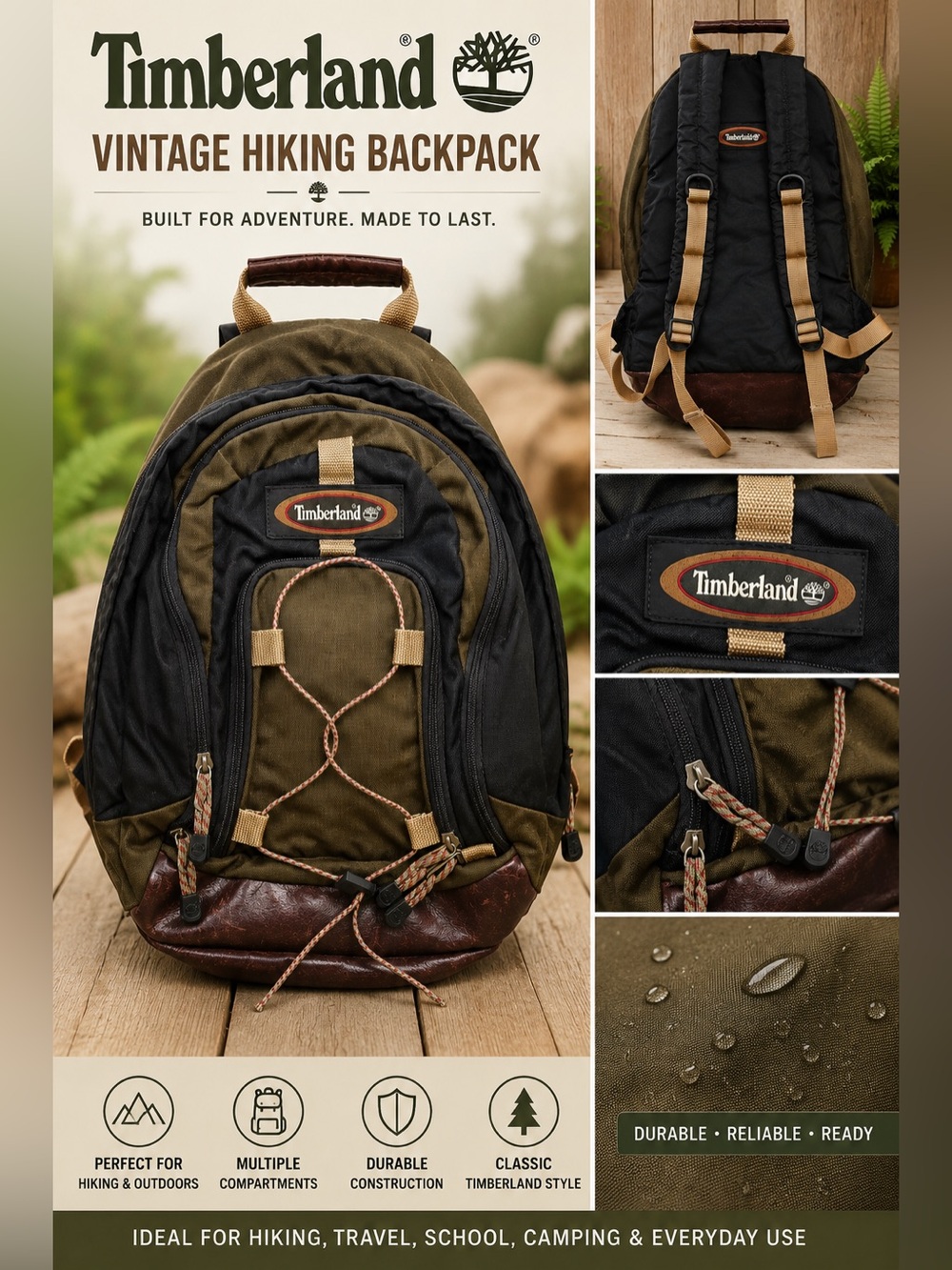 Timberland Vintage Hiking Backpack Brown Black Leather Trim Outdoor